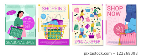 Fashion shop poster. Sale leaflet. Store coupon. Abstract pattern. Woman buying in supermarket. Mall label. Shopping bag. Package in modern magazine. Special offer. Vector garish promotion banners set 122269398