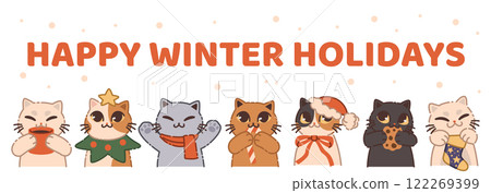Xmas cat. Happy holiday greeting card. Winter animal. Cute pet with scarf and New Year sock. Funny kitty character. Merry Christmas celebration. Kitten snow icon. Kids background. Vector doodle banner 122269399