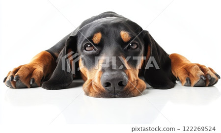 Cute dog lying flat on a smooth surface 122269524