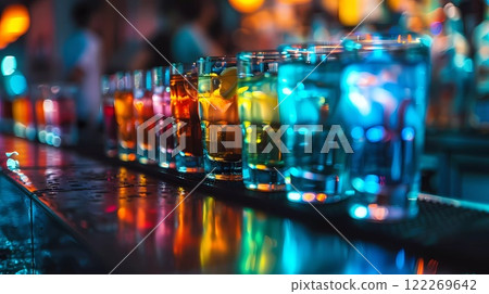 A long bar in a nightclub, a bar with many different colorful alcoholic cocktails in glasses. Gay party celebration. Nightclub interior. Pride Month. A long bar in a nightclub, a bar with many different colorful alcoholic cocktails in glasses. Gay party celebration. Nightclub interior. Pride Month. 122269642
