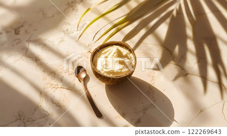 Natural oatmeal porridge in a coconut walnut bowl on a beige table with tropical palm leaves shadows, wooden spoon. Morning healthy dietary superfood. 122269643