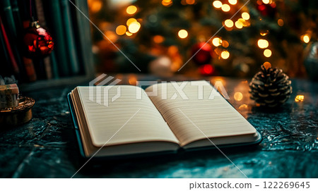 An open notebook, a day planner with blank pages for notes, planning on a table in a dark room. New Year resolution 2025 2026. Christmas tree lights. 122269645