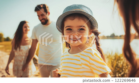 Little girl in panama on summer vacation with parents. A family trip in summertime. Father, mother and children on a lake or pond shore. Cute kid. 122269646