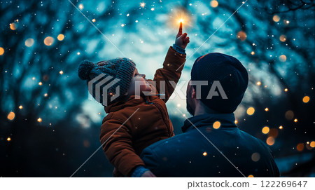 A father with a little boy reaches out with a hand pointing finger to a star in a blue starry sky in winter snowfall. Magic of childhood Making wishes 122269647