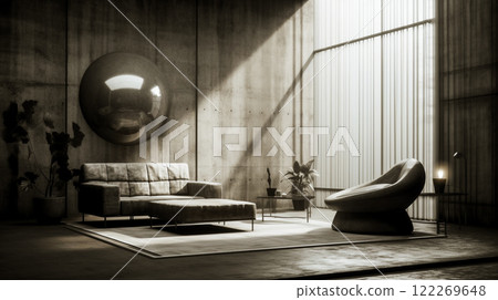 Modern interior with concrete grey walls sofas and natural lighting. A room, studio 3D render. Living room with light coming through the window inside 122269648