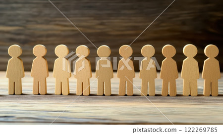 Wooden figures aligned on a wooden surface 122269785