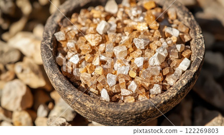 Natural rock salt displayed in a rustic bowl 122269803