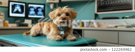 mall, tan-colored dog lies on vet's exam table, looking directly at camera against blurred background of veterinary office. 122269962