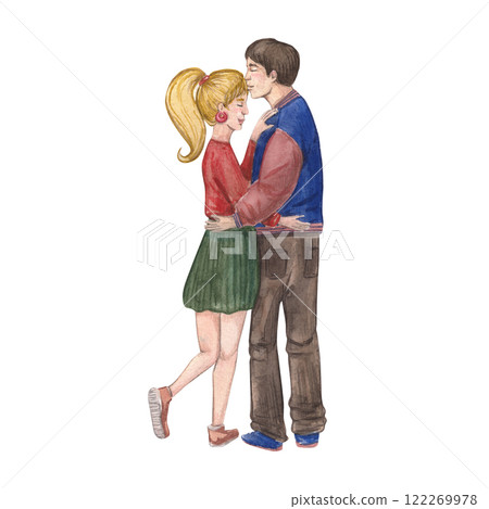 Watercolor illustration of a young couple in an affectionate embrace. An 80s-style couple. young people. Perfect for Valentine's Day, romantic greeting cards, wedding designs, or love-themed projects. 122269978