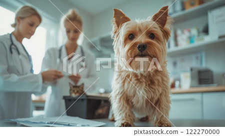 Small, tan dog at vet's office. Two vets in background, one holding cat carrier with cat inside. Dog is alert, looking at camera. 122270000