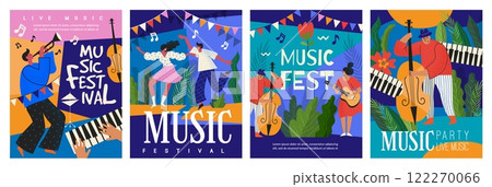 Music festival poster. Party art illustration, background abstract, design flowers and leaves. People romantic couple spring. Summer banner, nature background. Vector carnival event invitation set 122270066