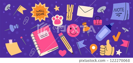 Stationery set. Thumbtack, different colorful pins, corkboard clip. Icon flat cartoon isolated illustration, wall button location for paper. Office tool, needle check box thumb. Vector mark collection Stationery set. Thumbtack, different colorful pins, corkboard clip. Icon flat cartoon isolated illustration, wall button location for paper. Office tool, needle check box thumb. Vector mark collection 122270068