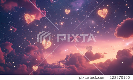 Gold heart floating in the starry sky and clouds 122270190