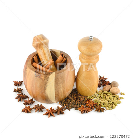 Pepper grinder mill, mortar, pestle and spice setisolated on white. Pepper grinder mill, mortar, pestle and spice setisolated on white. 122270472