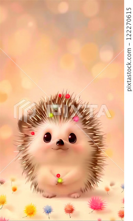 Illustration of a cute hedgehog with colorful little balls in his prickles, copy space 122270615
