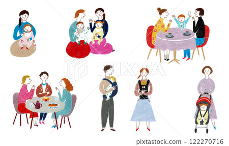 Hand-drawn illustration: Parenting generation: Set of men, women and babies 122270716
