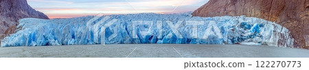 Closeup of Grey Glaciers calving front with icy peaks and reflections in Torres del Paine National Park 122270773