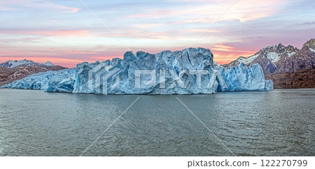Closeup of Grey Glaciers calving front with icy peaks and reflections in Torres del Paine National Park 122270799