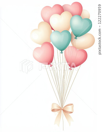 Colorful heart shaped balloons in pink, mint, and cream, tied with bow, create festive and playful atmosphere 122270959