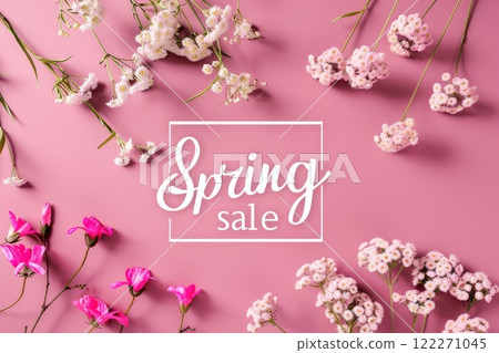 Spring sale poster with pink and white flowers on pink background. 122271045
