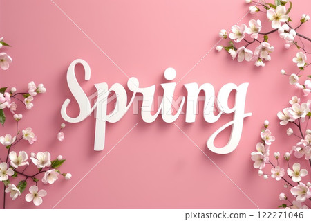 The word spring is surrounded by flowers on a pink background. 122271046