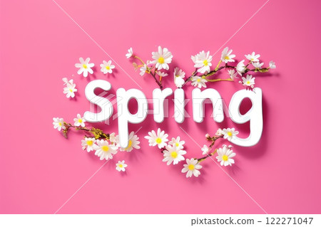 The word spring is surrounded by white flowers on pink. AI-generated content. The word spring is surrounded by white flowers on pink. AI-generated content. 122271047