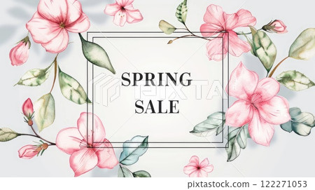 A spring sale banner with pink flowers and green leaves. AI-generated content. A spring sale banner with pink flowers and green leaves. AI-generated content. 122271053