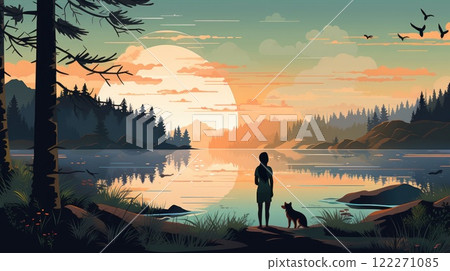 girl and dog by the lake in beautiful nature illustration girl and dog by the lake in beautiful nature illustration 122271085