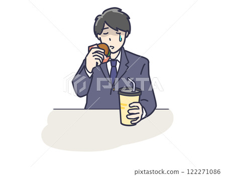 A male student or a young man in a suit eating fast food alone with a sad feeling A male student or a young man in a suit eating fast food alone with a sad feeling 122271086