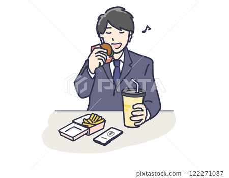 A male student or a young man in a suit happily eating fast food A male student or a young man in a suit happily eating fast food 122271087