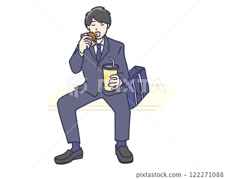 Male student sitting and eating fast food, full body 122271088