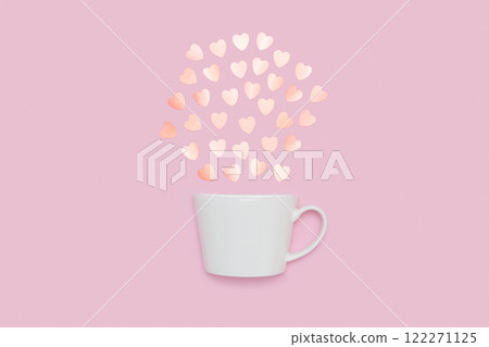 White coffee Cup spilling Heart Shape on Pink Background 122271125