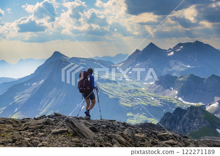 Sporty woman hiking in Switzerland alps. Heathy lifestyle, sport, beauty in nature. Grindelwald valley, Swizz 122271189