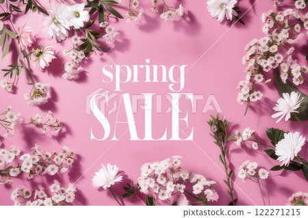 Pink background with white flowers and spring sale text AI-generated content. 122271215