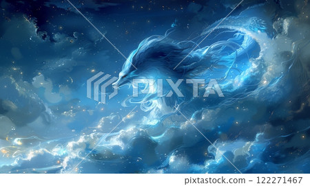 Mythical creatures. Japan myth. Tsukuyomi-no Mikoto, figure of tranquil grace, glides serenely across the velvety expanse of the night sky. moon god in Japanese mythology 122271467