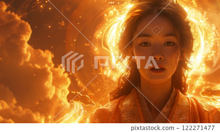 Mythical creatures. Japan myth. close up shot of Amaterasu Omikami, the radiant goddess of the sun, emerges from the celestial clouds, her golden aura illuminating the heavens. 122271477