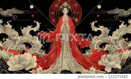 Mythical creatures. Japan myth. Amaterasu Omikami, the compassionate goddess of the sun, gracefully descends from the celestial realm, art nouveau 2d style image 122271482