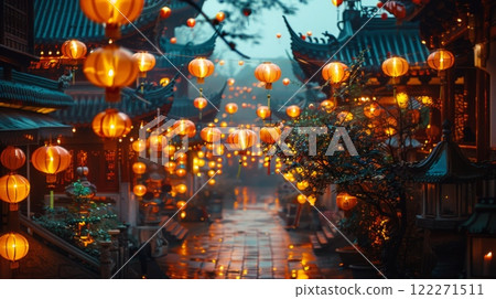 traditional lantern festival in China, surrounded by glowing lanterns and festive music. 122271511