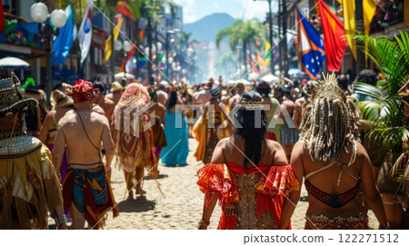A bustling street filled with revelers dressed in colorful costumes during the Carnival of Rio de Janeiro in Brazil, amidst the sounds of samba music and the aroma of grilled meats. A bustling street filled with revelers dressed in colorful costumes during the Carnival of Rio de Janeiro in Brazil, amidst the sounds of samba music and the aroma of grilled meats. 122271512