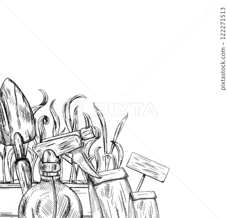 A vector border of farmers tools shovel, sprayer, seeds, boxes of greens in black ink graphically. Equipment for gardens, greenhouses and florists. Agriculture, cultivation of plants and flowers 122271513