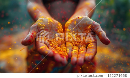 Happy Holi , Concept Indian color festival. close-up female hands with colored powder over dark Happy Holi , Concept Indian color festival. close-up female hands with colored powder over dark 122271668
