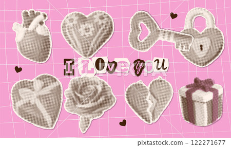 00s Collage elements for Valentine's Day cut from paper stickers with vintage halftone effect. Trendy cut outs for romantic card, banner. Vector collection. 00s Collage elements for Valentine's Day cut from paper stickers with vintage halftone effect. Trendy cut outs for romantic card, banner. Vector collection. 122271677