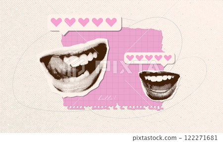 Halftone collage of mouth with feedback and hearts review bar with paper texture. Rating, like comment icons design or Valentine's day banner. Vector vintage illustration 122271681