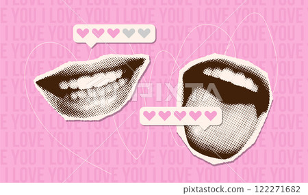 Halftone mouths with love speech bubbles. Y2K style Valentine's day banner. Vintage vector illustration 122271682