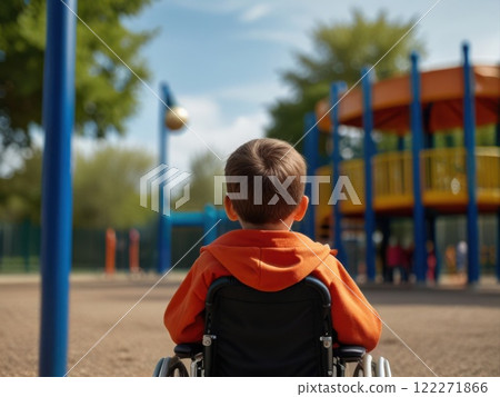 Close up of a child in a wheelchair looking at a playground. Concept of Child inclusion and disability and society. 122271866