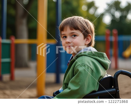 Close up of a child in a wheelchair looking at a playground. Concept of Child inclusion and disability and society. 122271868