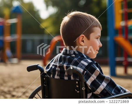 Close up of a child in a wheelchair looking at a playground. Concept of Child inclusion and disability and society. 122271869