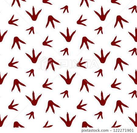 Seamless pattern. Paw footprints of crow, raven, magpie, sparrow, dove, bird. rooster paw print, silhouette. Vector isolated on white. Pet shop, textile, print, clothing, textile, wrapping, postcard 122271901