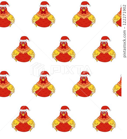 christmas or new year seamless pattern with  rooster in santa hat design and other new year decorations vector graphic line, for festive textiles, posters or banners 122271902
