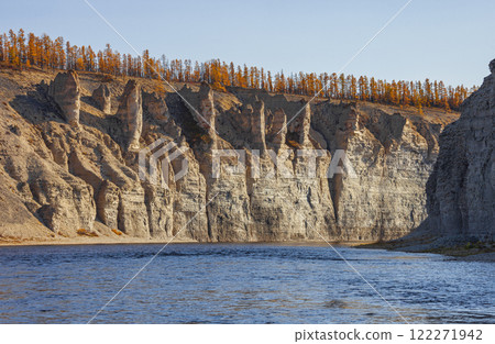Steep rocky shores of the northern Siberian river on clear autumn day. 122271942